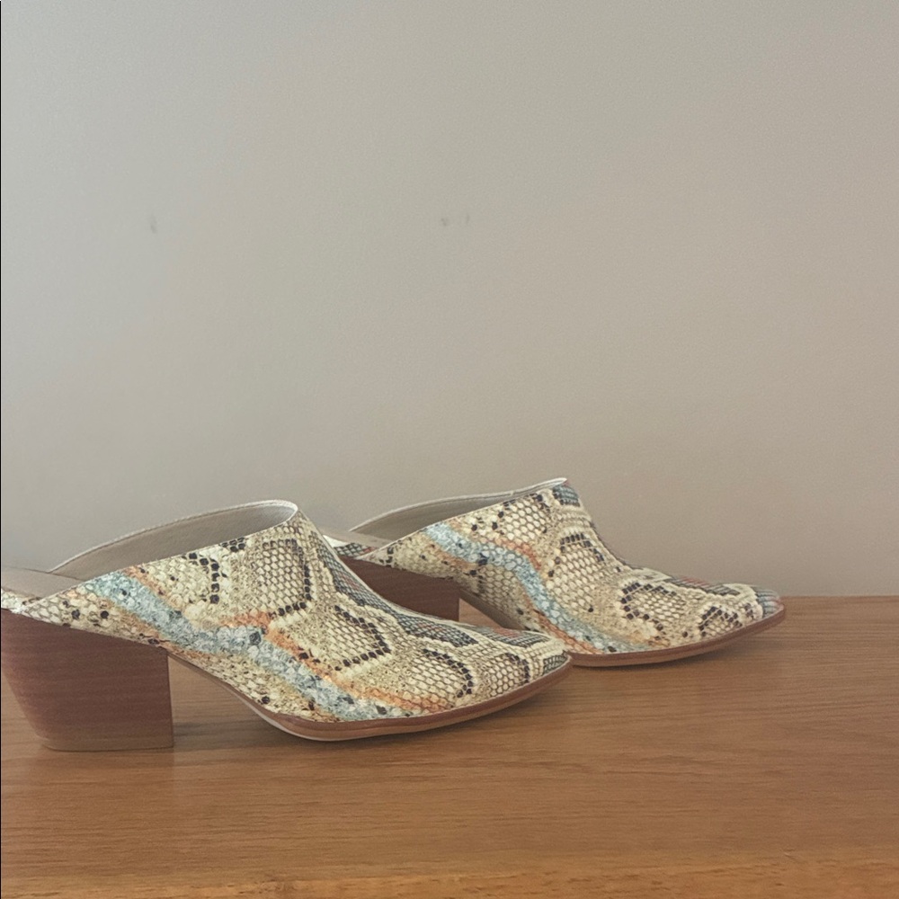 Matisse Snake-Print Slide Mules in Cream, Beige and Light Blue